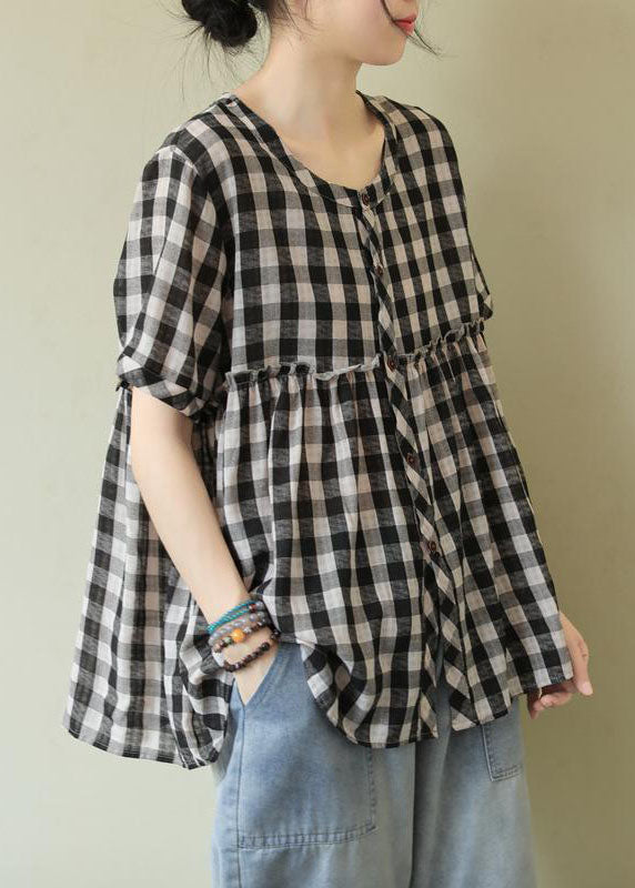 Black Button Plaid Patchwork Cotton Tops Half Sleeve