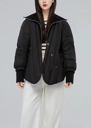 Black Button Pockets Patchwork Duck Down Down Coat Zip Up Long Sleeve