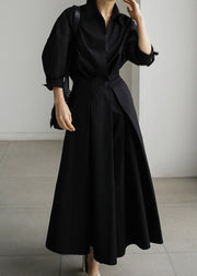 Black Button Wrinkled Cotton Dresses Long Sleeve