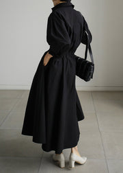 Black Button Wrinkled Cotton Dresses Long Sleeve