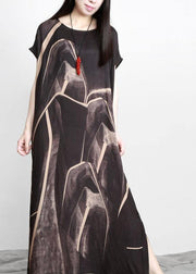 Black Chocolate Print Asymmetric Long Dresses O Neck - bagstylebliss