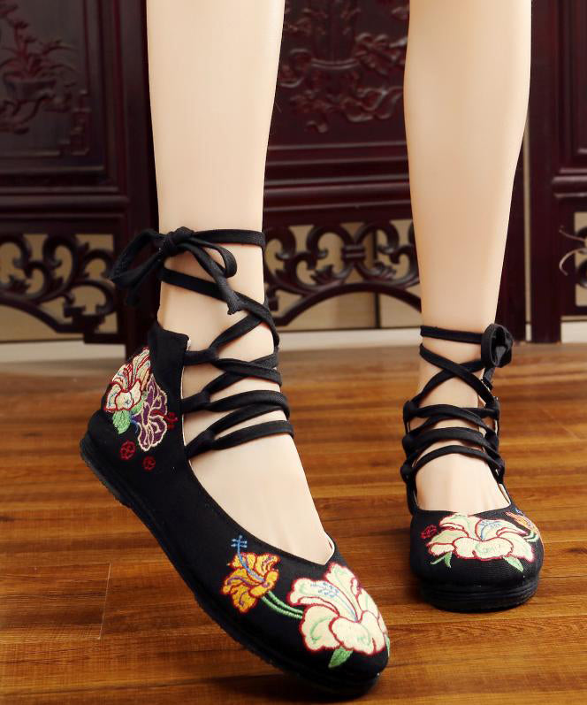 Black Cotton Fabric Embroidered Flats Handmade Cross Strap Flat Feet Shoes