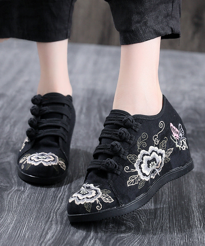 Black Cotton Fabric High Wedge Heels Shoes Embroidered Buckle Strap Flat Shoes For Women