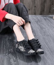 Black Cotton Fabric High Wedge Heels Shoes Embroidered Buckle Strap Flat Shoes For Women