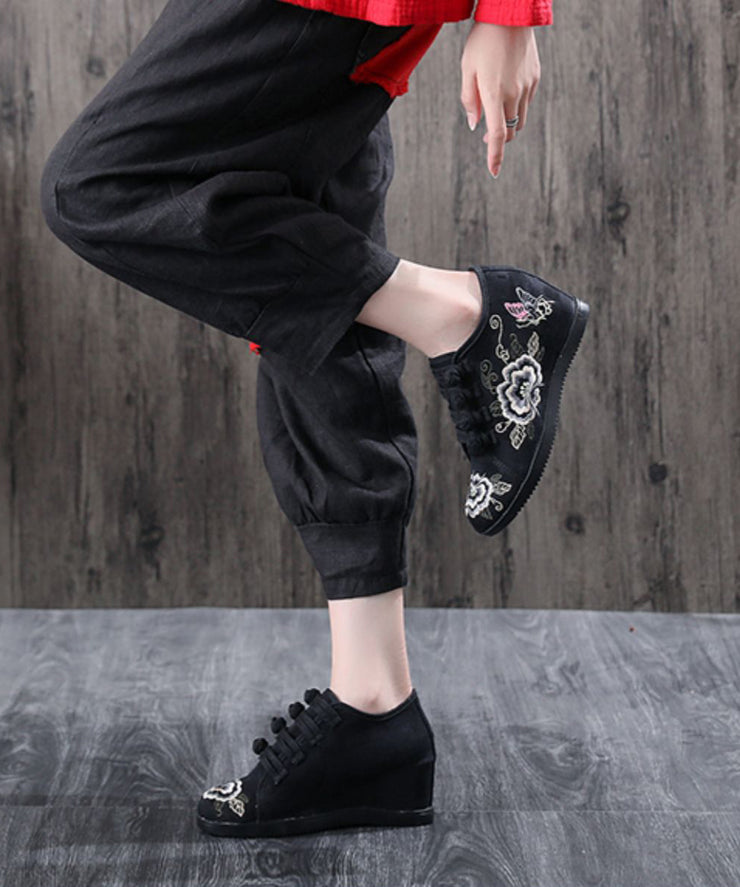 Black Cotton Fabric High Wedge Heels Shoes Embroidered Buckle Strap Flat Shoes For Women