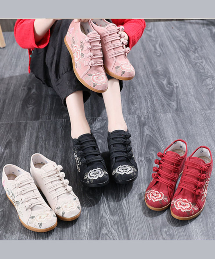 Black Cotton Fabric High Wedge Heels Shoes Embroideried Buckle Strap Flat Shoes For Women