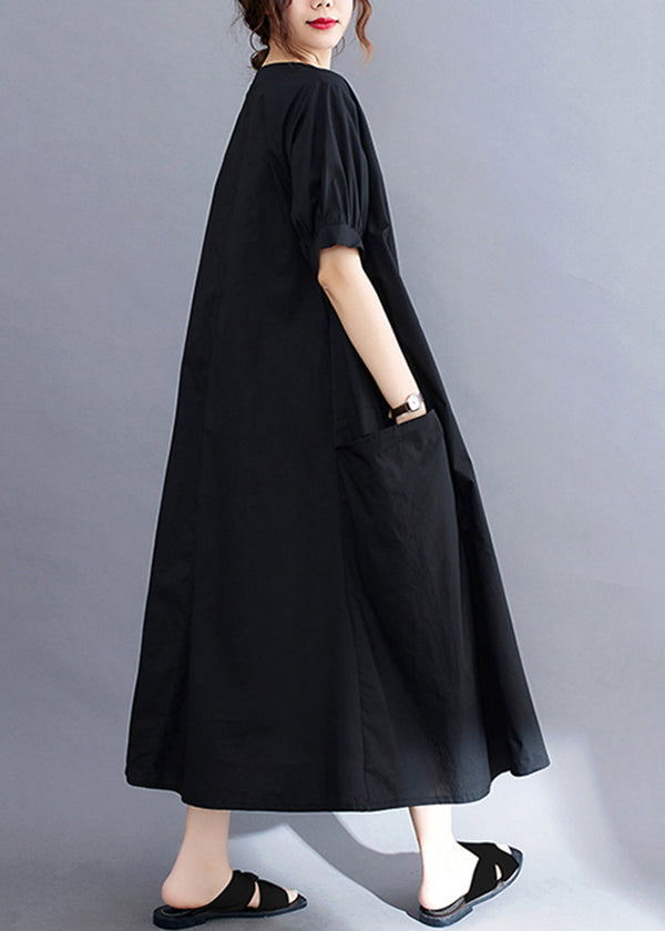 Black Cotton Holiday Dress Oversized Pockets Summer