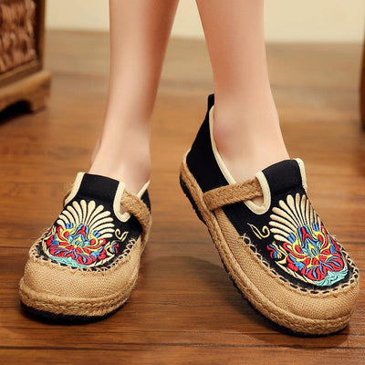 Black Cotton Linen Embroideried Fabric Flat Feet Shoes Splicing Flats - bagstylebliss