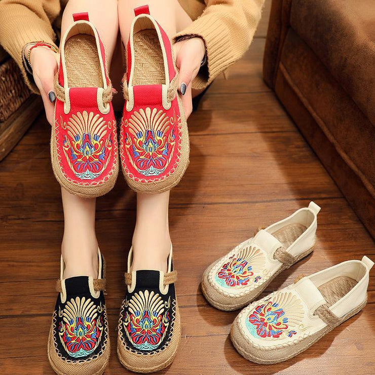 Black Cotton Linen Embroideried Fabric Flat Feet Shoes Splicing Flats - bagstylebliss