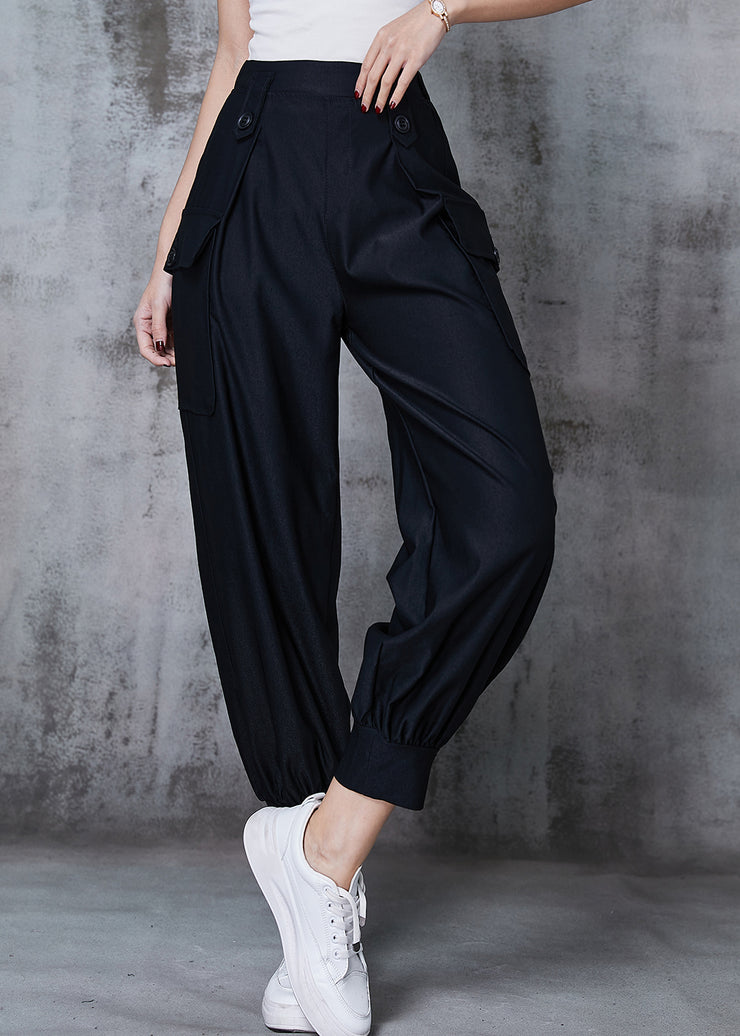 Black Cotton Pants Trousers Elastic Waist Pockets Spring