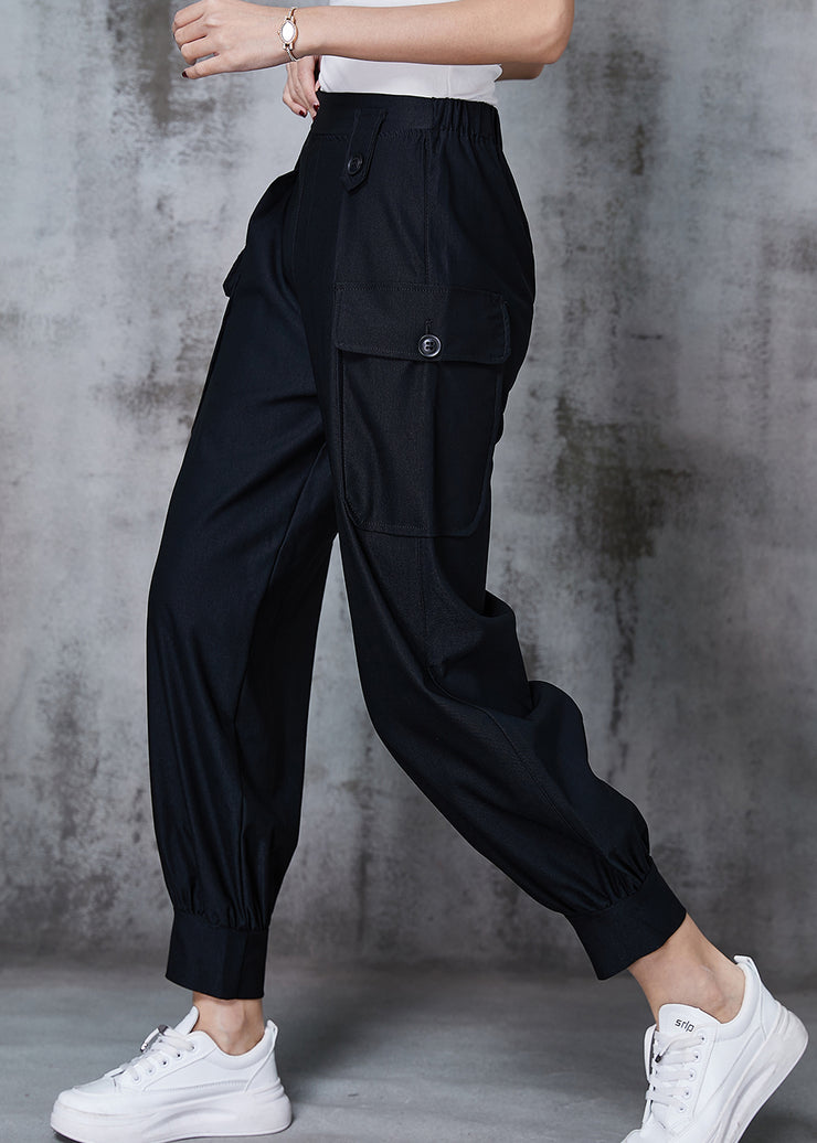 Black Cotton Pants Trousers Elastic Waist Pockets Spring