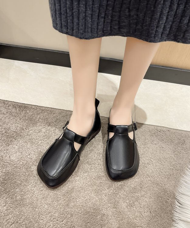 Black Cowhide Leather Flat Feet Shoes Buckle Strap Flat Feet Shoes