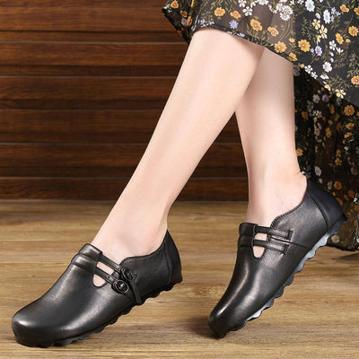 Black Cowhide Leather Flat Shoes Buckle Strap Flats - bagstylebliss