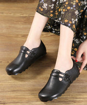 Black Cowhide Leather Flat Shoes Buckle Strap Flats - bagstylebliss