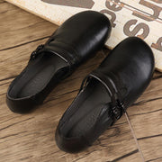 Black Cowhide Leather Flat Shoes Buckle Strap Flats - bagstylebliss