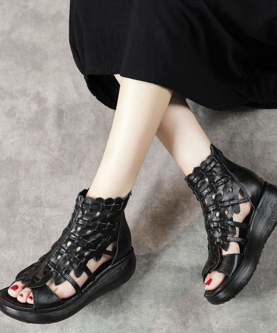 Black Cowhide Leather Hollow Out Splicing Peep Toe Platform Sandals