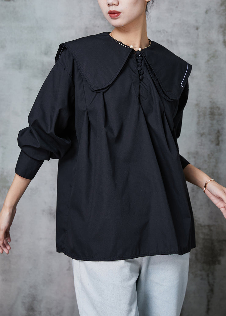 Black Cute Cotton Blouses Double-layer Collar Spring