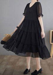 Black Dot Print Patchwork Chiffon Dresses V Neck Wrinkled Summer