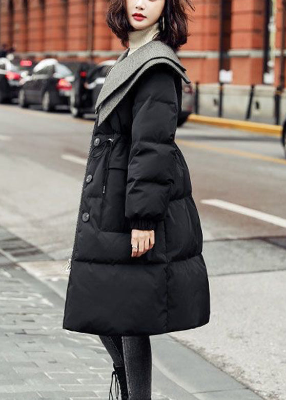 Black Drawstring Patchwork Button Duck Down Parka Winter