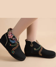 Black Embroideried Boots Cotton Fabric 2024 Zippered Ankle Boots