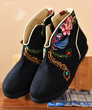 Black Embroideried Boots Cotton Fabric 2024 Zippered Ankle Boots