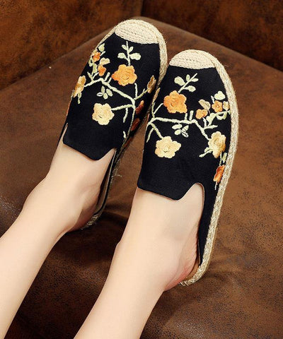 Black Embroideried Cotton Fabric Slippers Shoes - bagstylebliss