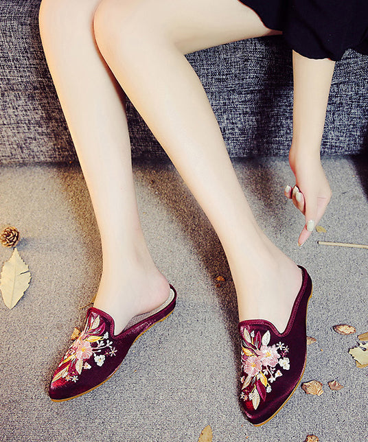 Black Embroideried Cotton Fabric Women Pointed Toe Slide Sandals