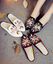 Black Embroideried Cotton Fabric Women Pointed Toe Slide Sandals