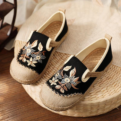 Black Embroideried Cotton Linen Fabric Splicing Flat Shoes - bagstylebliss