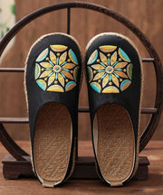 Black Embroideried Cotton Linen Slippers Shoes - bagstylebliss