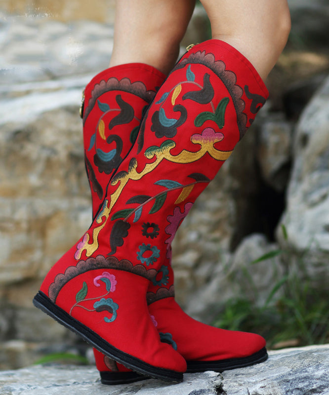 Black Embroidered Cowgirl Boots Cotton Fabric zippered Knee Boots