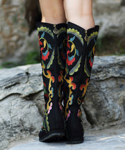 Black Embroidered Cowgirl Boots Cotton Fabric zippered Knee Boots