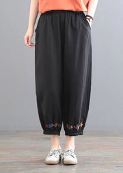 Black Embroideried Floral Elastic Waist Harem Pants Summer