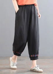 Black Embroideried Floral Elastic Waist Harem Pants Summer