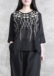 Black Embroideried Floral Linen Top Three Quarter Sleeve