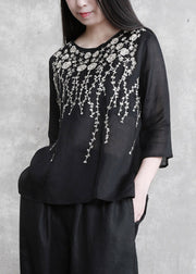 Black Embroideried Floral Linen Top Three Quarter Sleeve