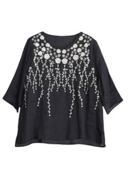 Black Embroideried Floral Linen Top Three Quarter Sleeve