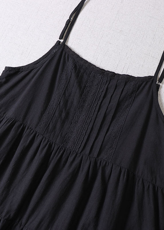 Black Embroideried Patchwork Cotton Mini Dresses Spring