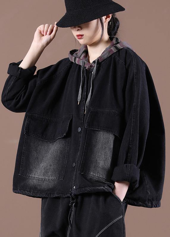 Black Fashion Trench Coat Drawstring Hooded Spring Outwear - bagstylebliss