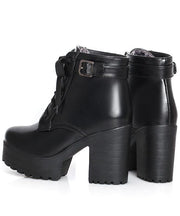 Black Faux Leather Boots Cross Strap Chunky Heel - bagstylebliss