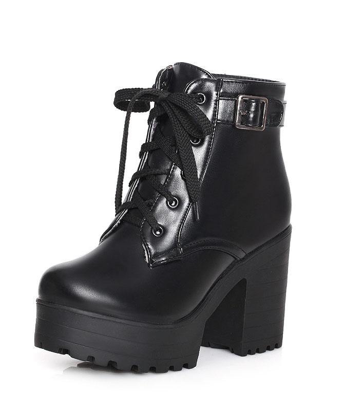 Black Faux Leather Boots Cross Strap Chunky Heel - bagstylebliss