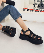 Black Faux Leather Flat Sandals Buckle Strap Hiking Sandals - bagstylebliss