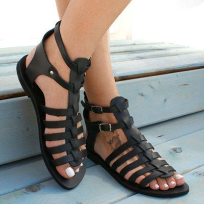 Black Faux Leather Flat Sandals Buckle Strap Water Sandals - bagstylebliss