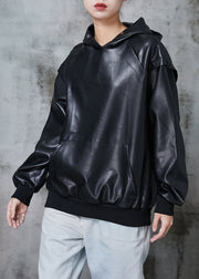 Black Faux Leather Loose Sweatshirt Hooded Pockets Winter