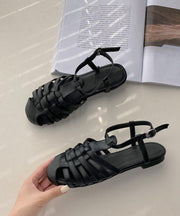 Black Flat Sandals Faux Leather Comfy Buckle Strap Water Sandals - bagstylebliss