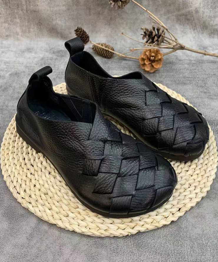 Black Flat Shoes For Women Handmade Cowhide Leather Fitted Splicing