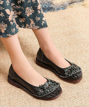 Black Floral Cowhide Leather Flats Splicing Flat Feet Shoes - bagstylebliss