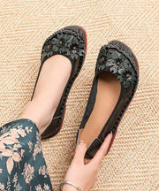 Black Floral Cowhide Leather Flats Splicing Flat Feet Shoes - bagstylebliss