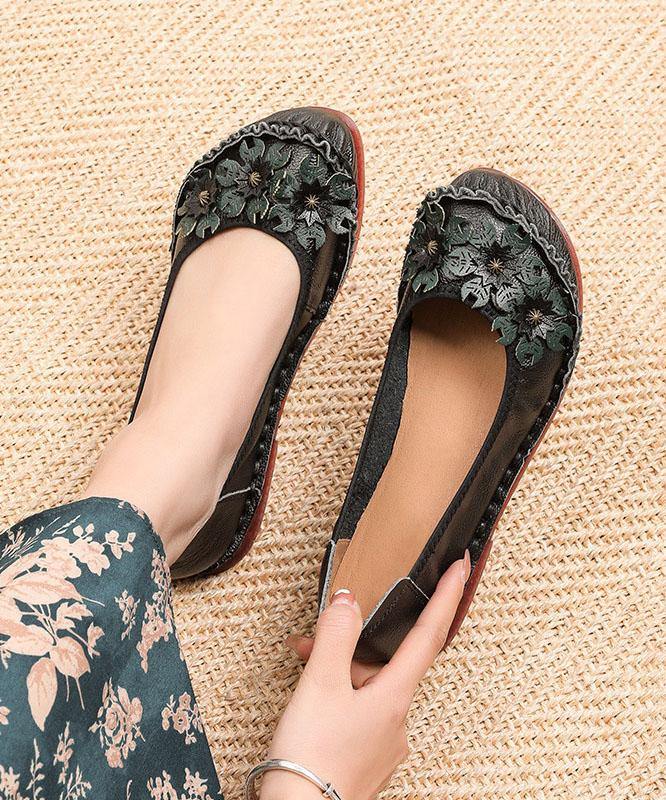 Black Floral Cowhide Leather Flats Splicing Flat Feet Shoes - bagstylebliss