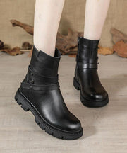 Black Genuine Leather Platform  flat boots - bagstylebliss